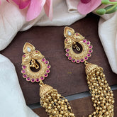 Elegant Dual Peacock Jada Billai with Golden Pearl Maatil-Bun Billai-Red-G13084